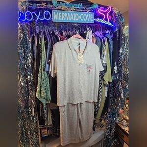 #0133 NWT Large+Oversized(Fits 1X) 2 Pc PJ SET PEANUTS Grey Top & Wide Leg Pants